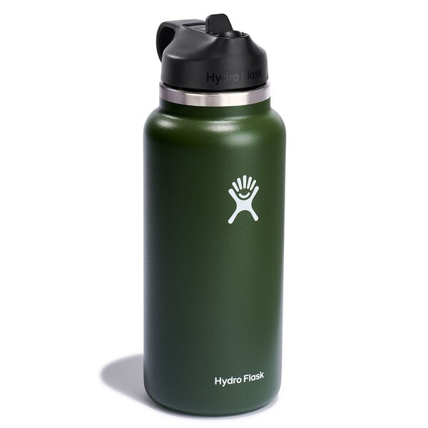 An olive green 32 ounce stainless steel Hydroflask water bottle with straw lid and handle strap.